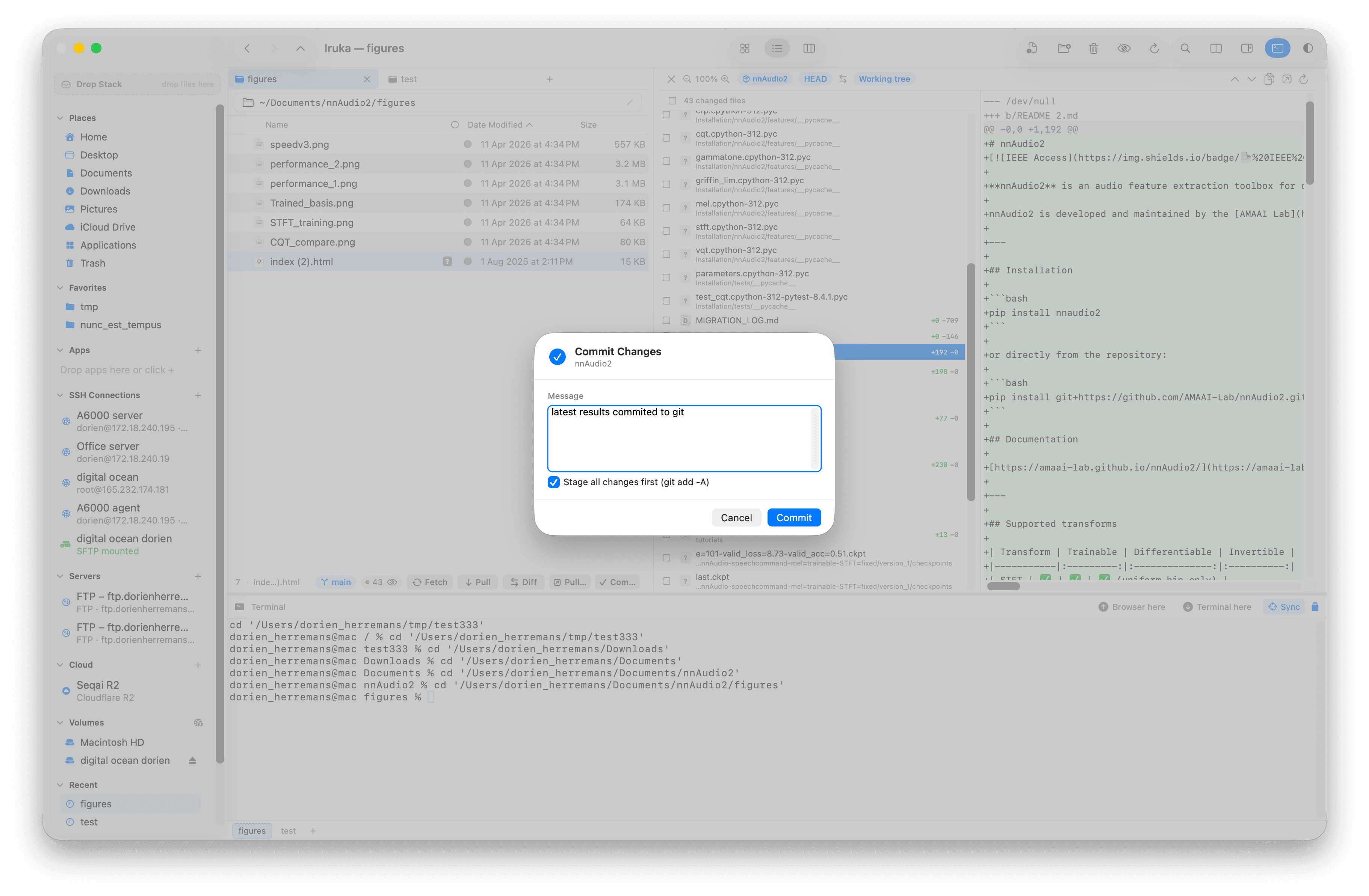 Iruka Commit Changes dialog with a commit message and the option to stage all changes