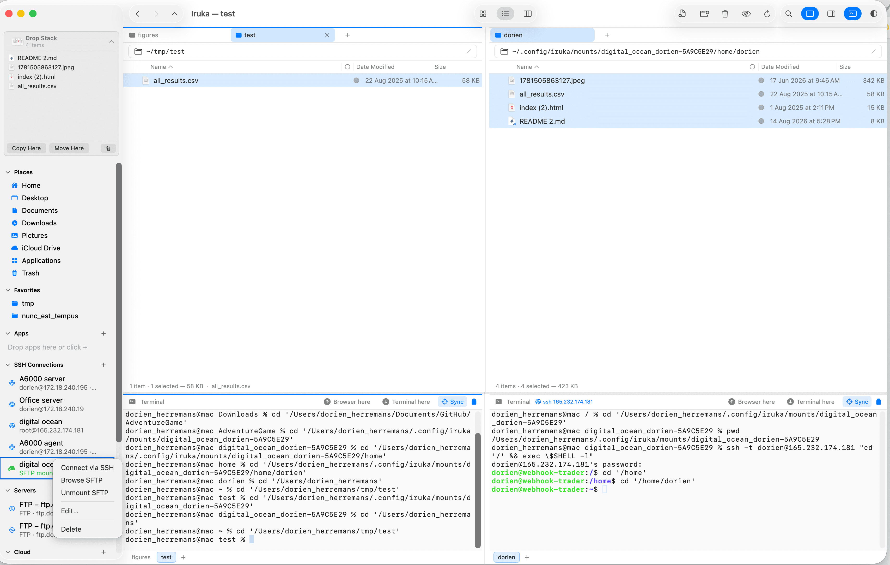 Iruka's saved SSH connection right-click menu with Mount as SFTP selected