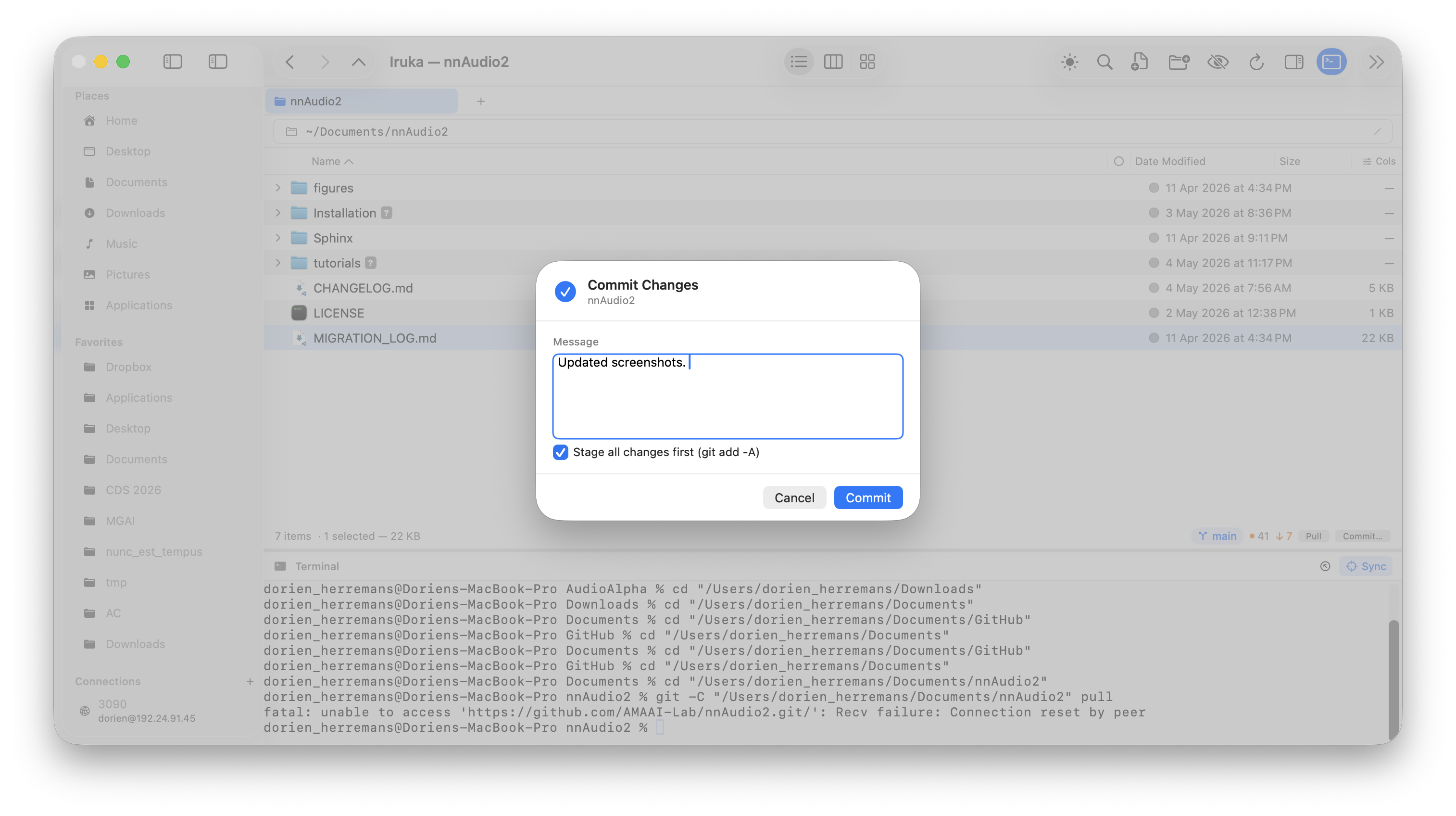 Git commit dialog — stage and push without leaving the explorer